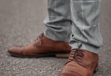 gray pants with brown shoes