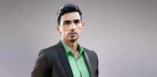Man wearing a black suit & green shirt