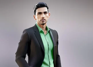 Man wearing a black suit & green shirt